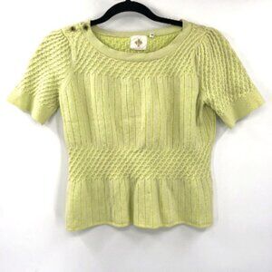 ANTHROPOLOGIE HWR Monogram Sweater Knit Top Green Yellow L Button Shoulder Women